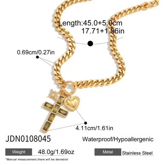 18K Gold Plated Chunky Curb Chain Green Baguette Cross Necklace Multi-Charm - Picture 5 of 6